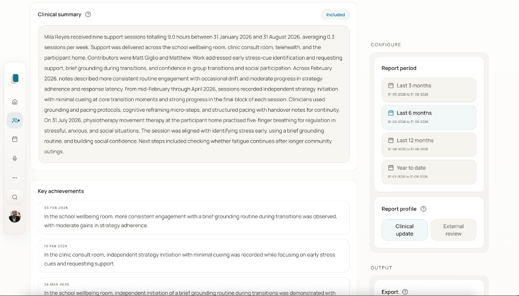 Clinical progress report with summary, key achievements, period, and export
