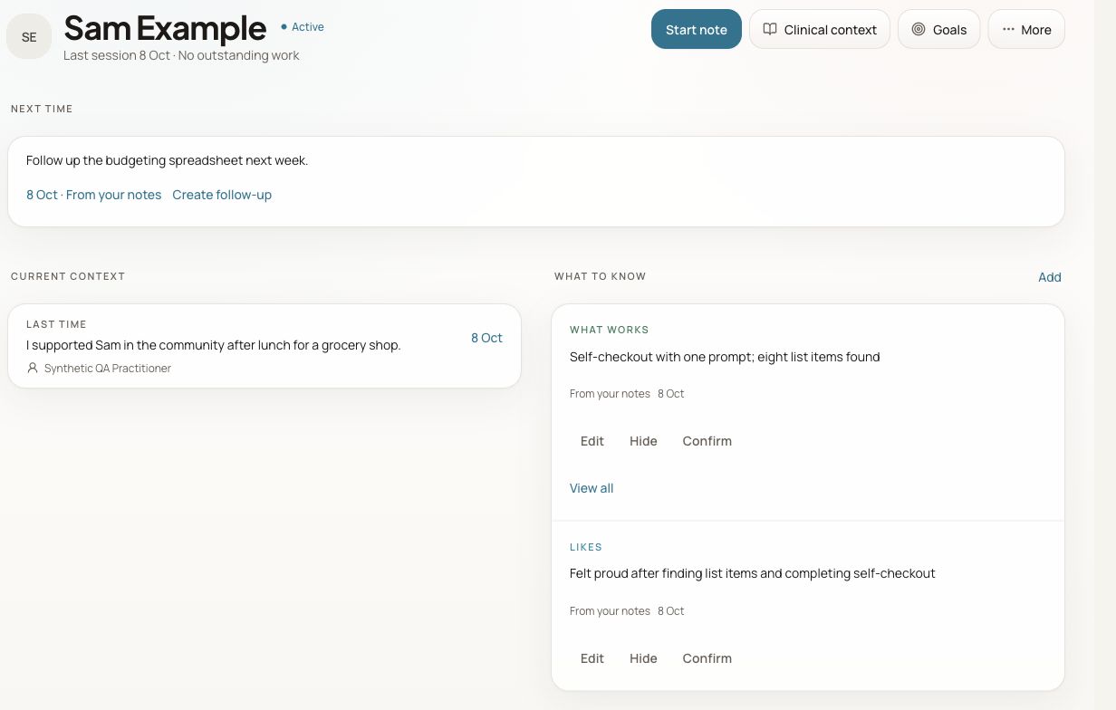 Sam’s client record with the finalised grocery-shopping recap, suggested details labelled ‘From your notes’, and a budgeting next-time prompt with a ‘Create follow-up’ action.