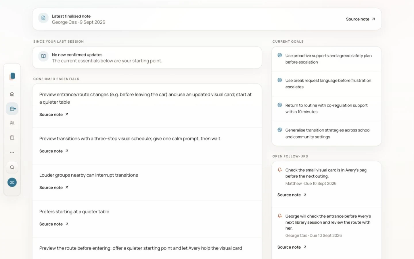Client home with current context, what to know, and recent pattern before the next session